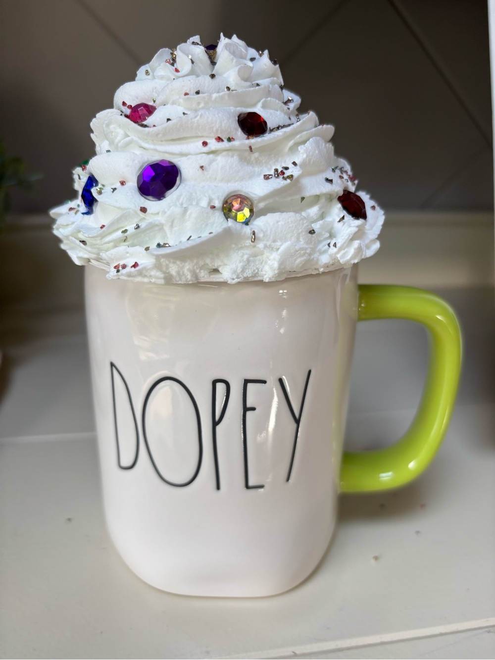 Faux whip cream mug topper with gems, home decor